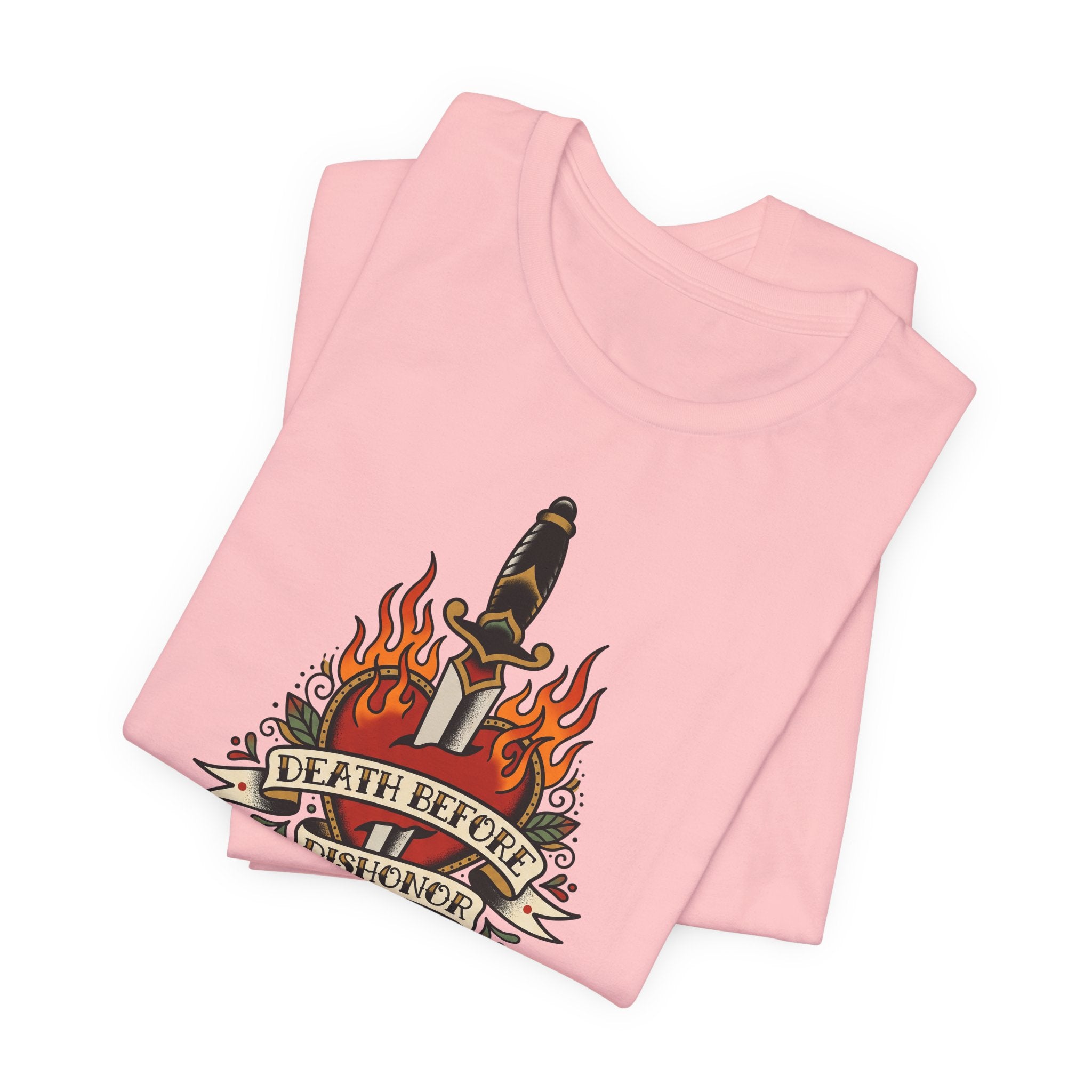 Pink T-shirt with dagger and flames tattoo graphic