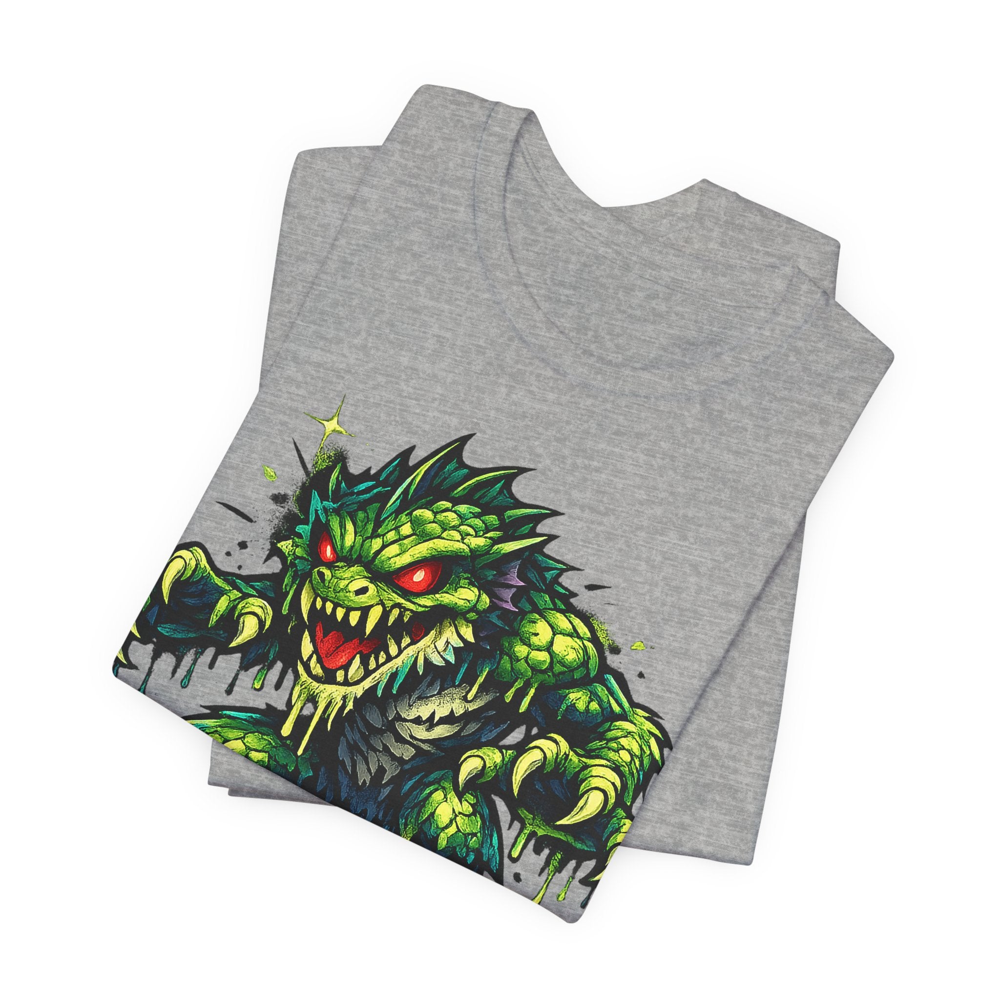 Dark gray t-shirt set with green swamp monster illustration, short-sleeve crew neck