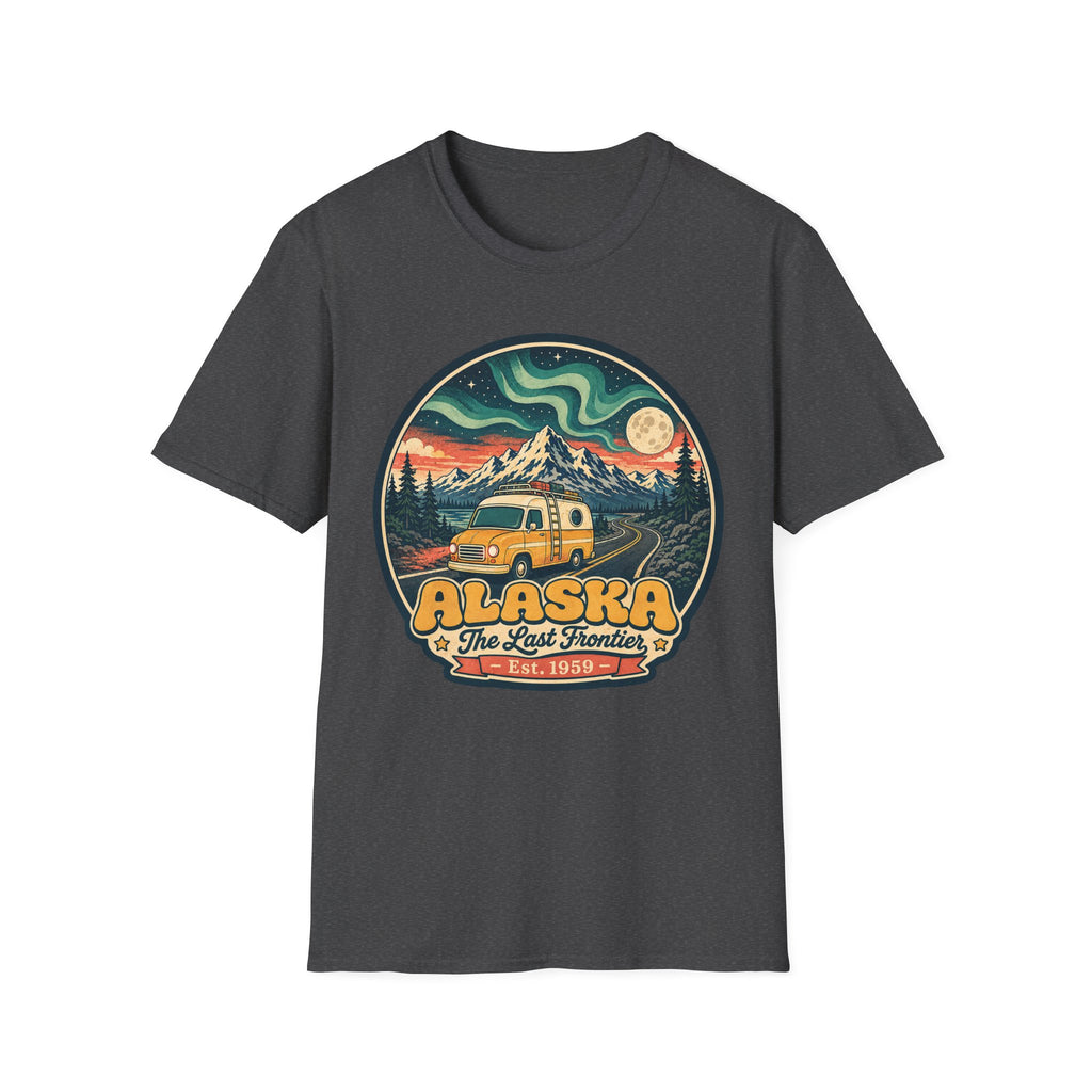 Unisex graphic T-shirt, dark gray, round Alaska logo with mountain and cabin vehicle art