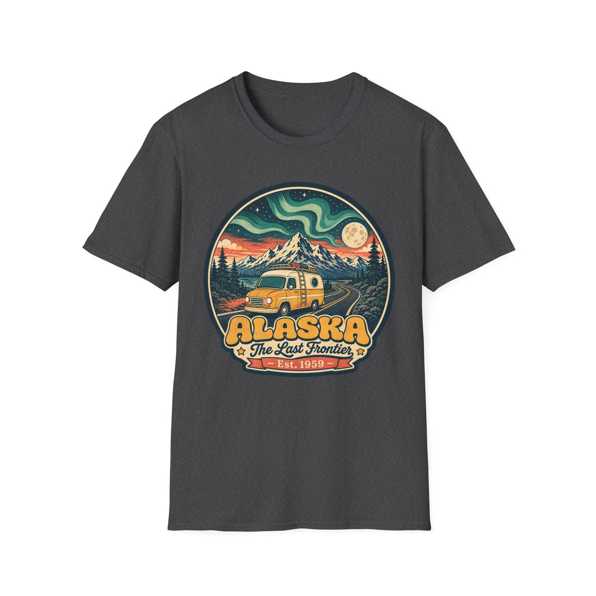 Unisex graphic T-shirt, dark gray, round Alaska logo with mountain and cabin vehicle art