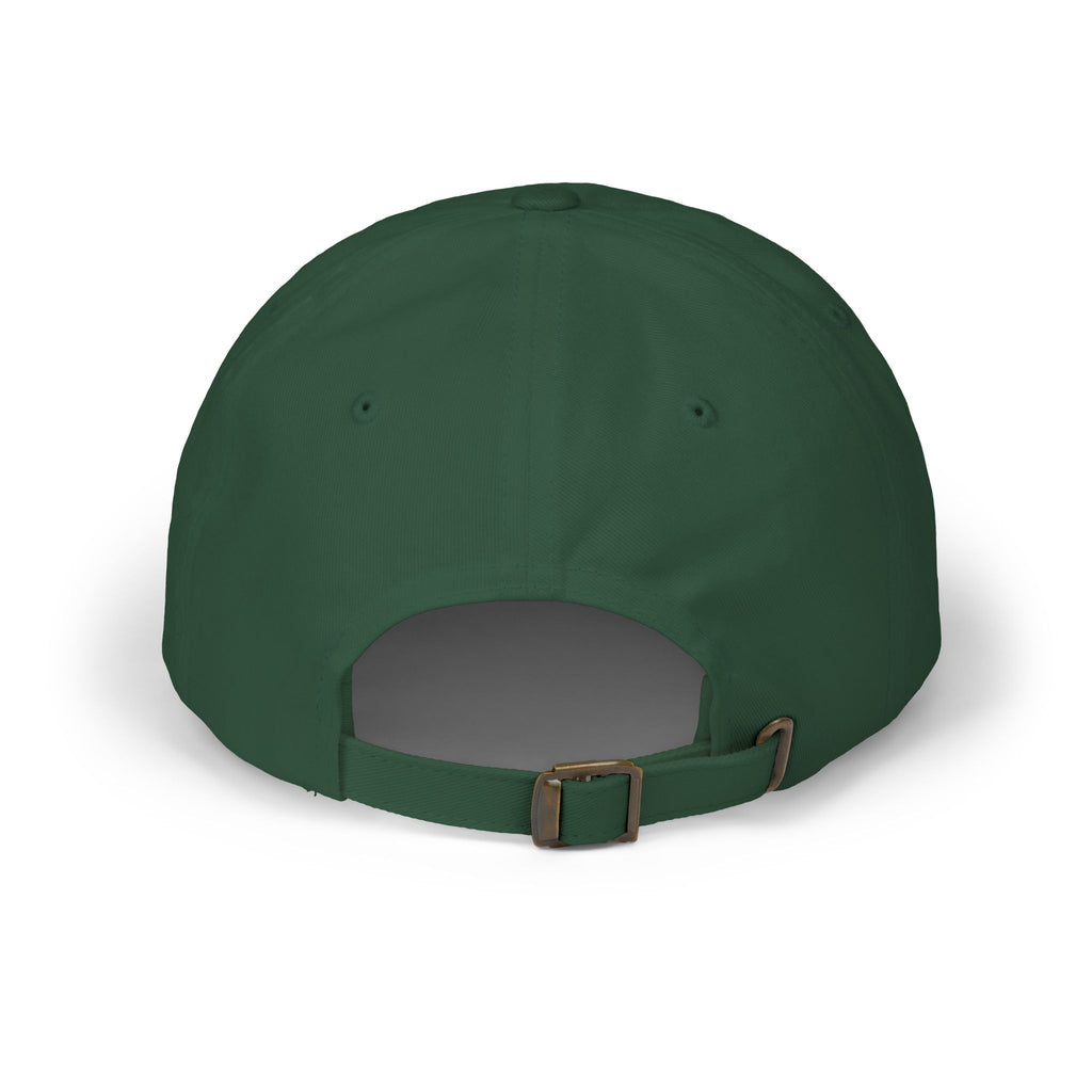 Embroidered dad cap in dark green with dark underbill and buckle strap at back