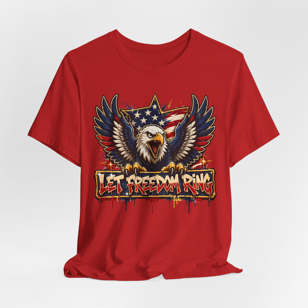 Red crewneck t-shirt with bald eagle wings and “Let Freedom Ring” patriotic print