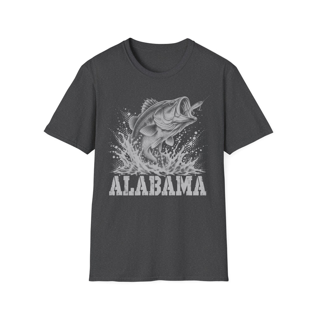 Dark charcoal fishing t-shirt with largemouth bass splash and 'ALABAMA' graphic