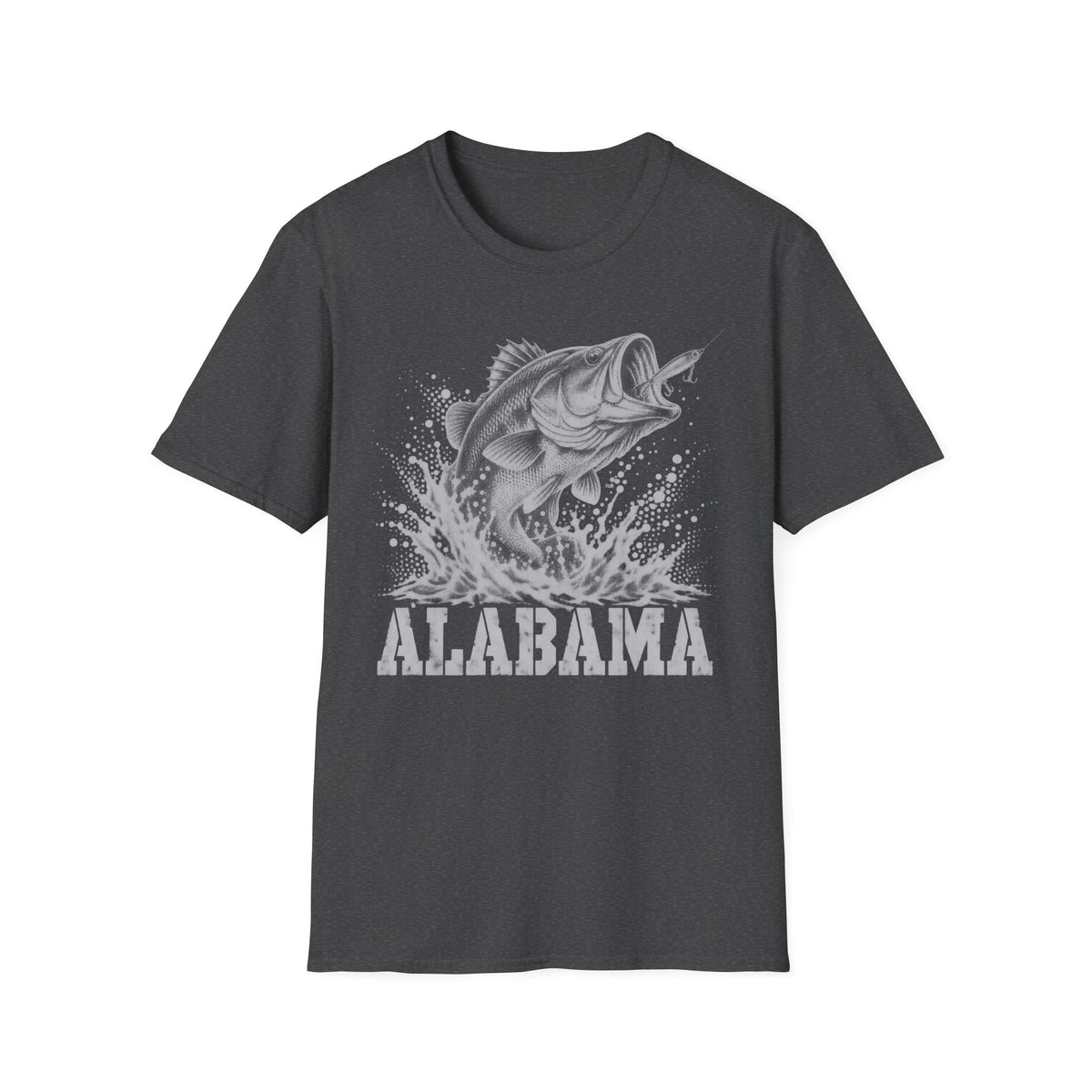Dark charcoal fishing t-shirt with largemouth bass splash and 'ALABAMA' graphic