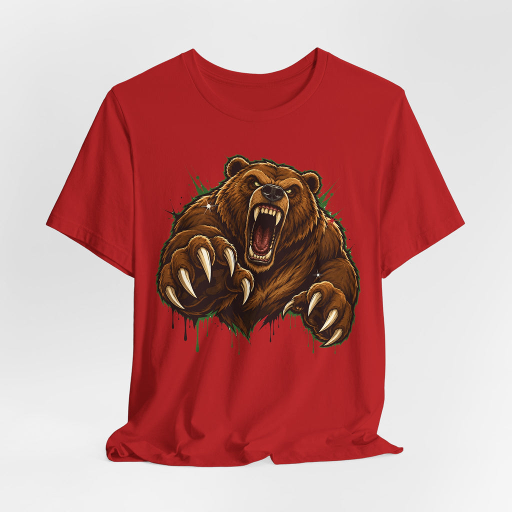 Red unisex tee with roaring grizzly bear graphic and claw marks