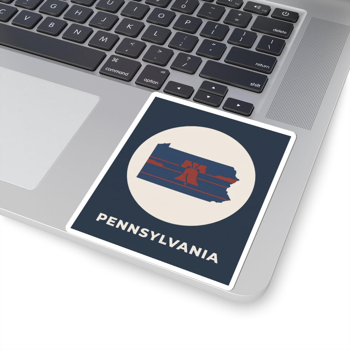 Navy square sticker with white circle Pennsylvania map and Liberty Bell stripes, PENNSYLVANIA