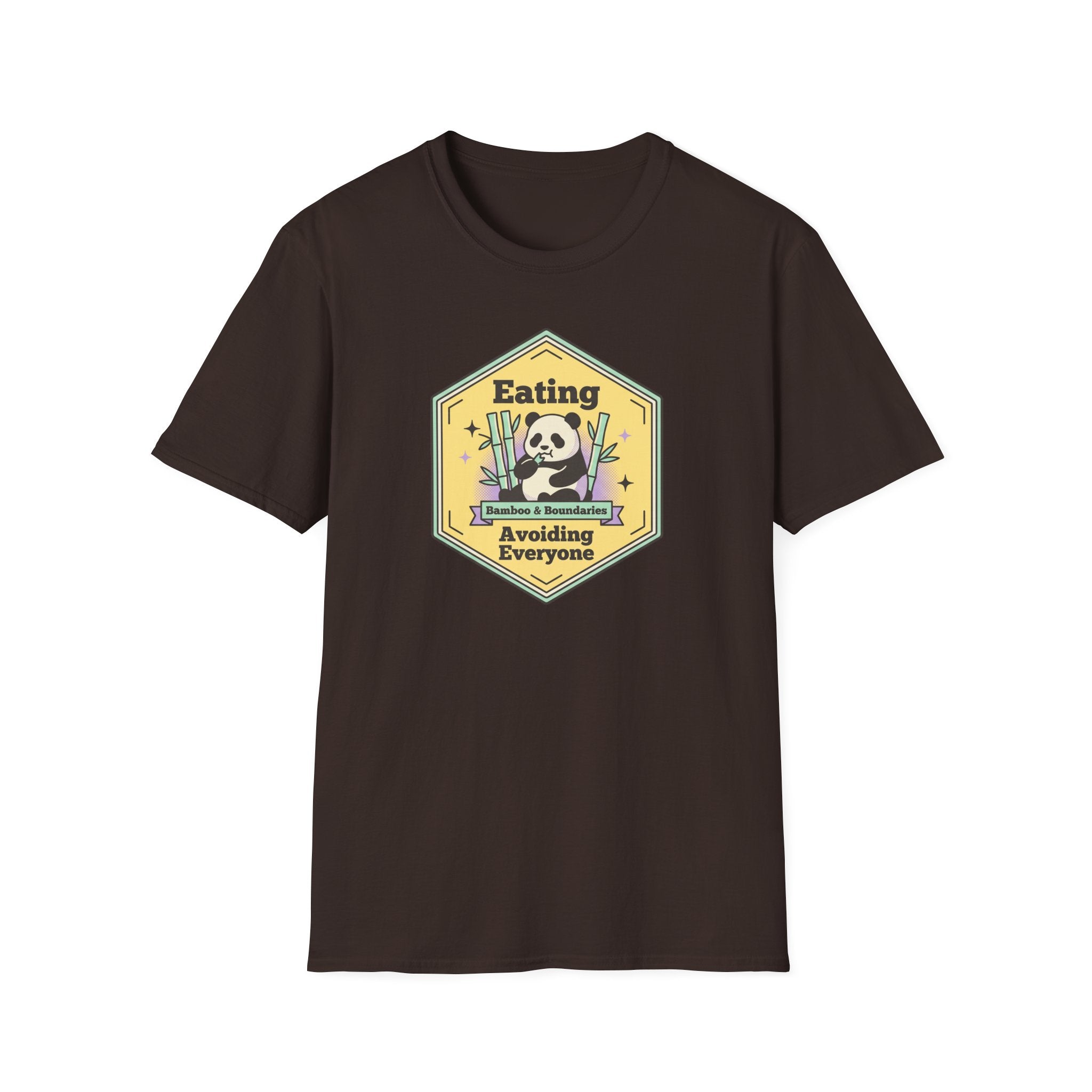 Unisex softstyle T-shirt, dark brown, front cartoon text graphic