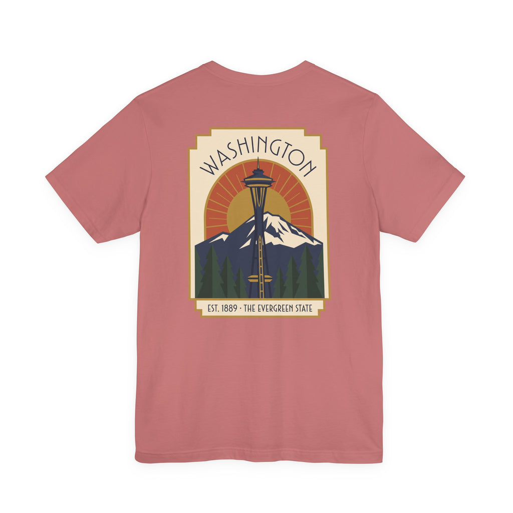 Rose pink t-shirt with Washington Space Needle art deco graphic on front
