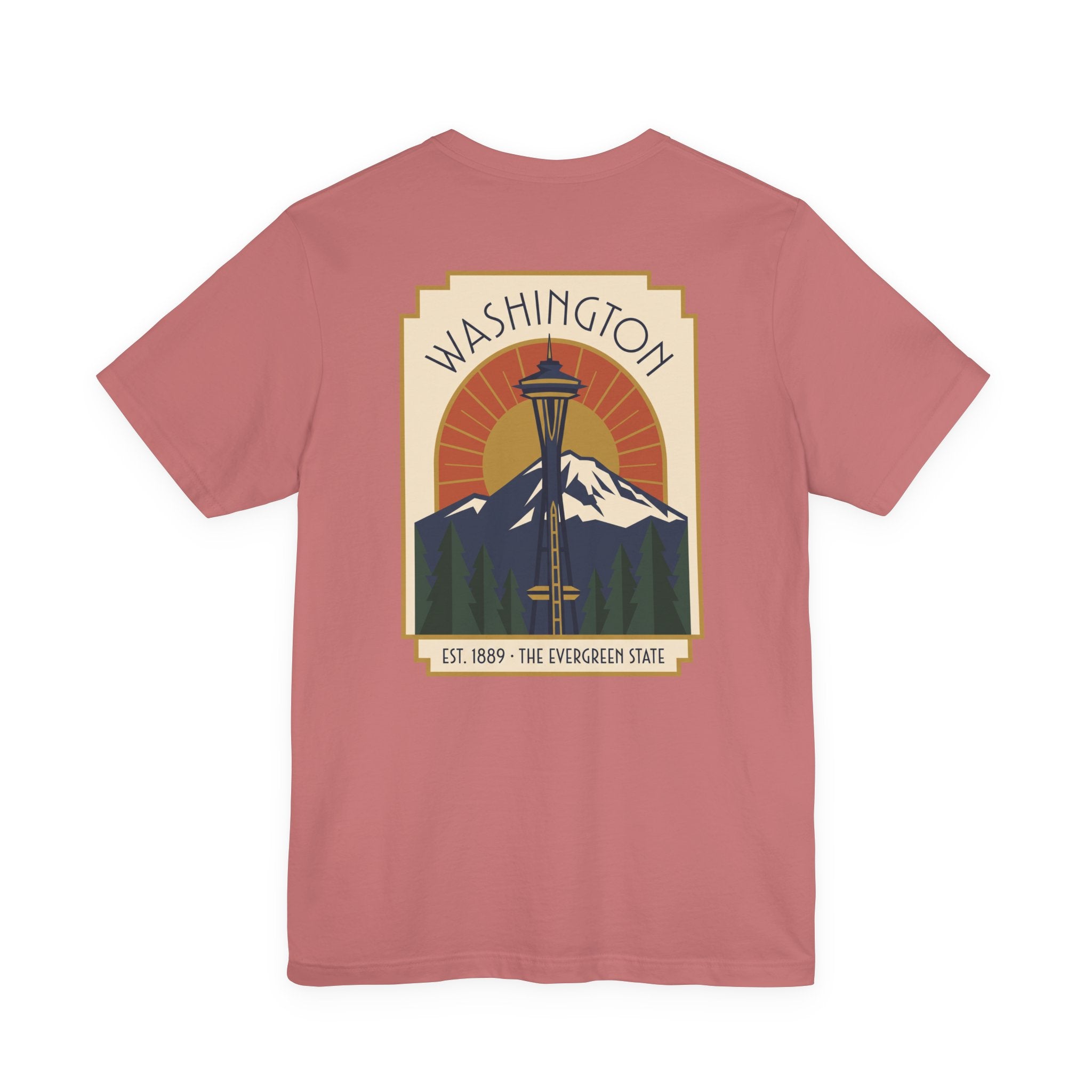 Rose pink t-shirt with Washington Space Needle art deco graphic on front