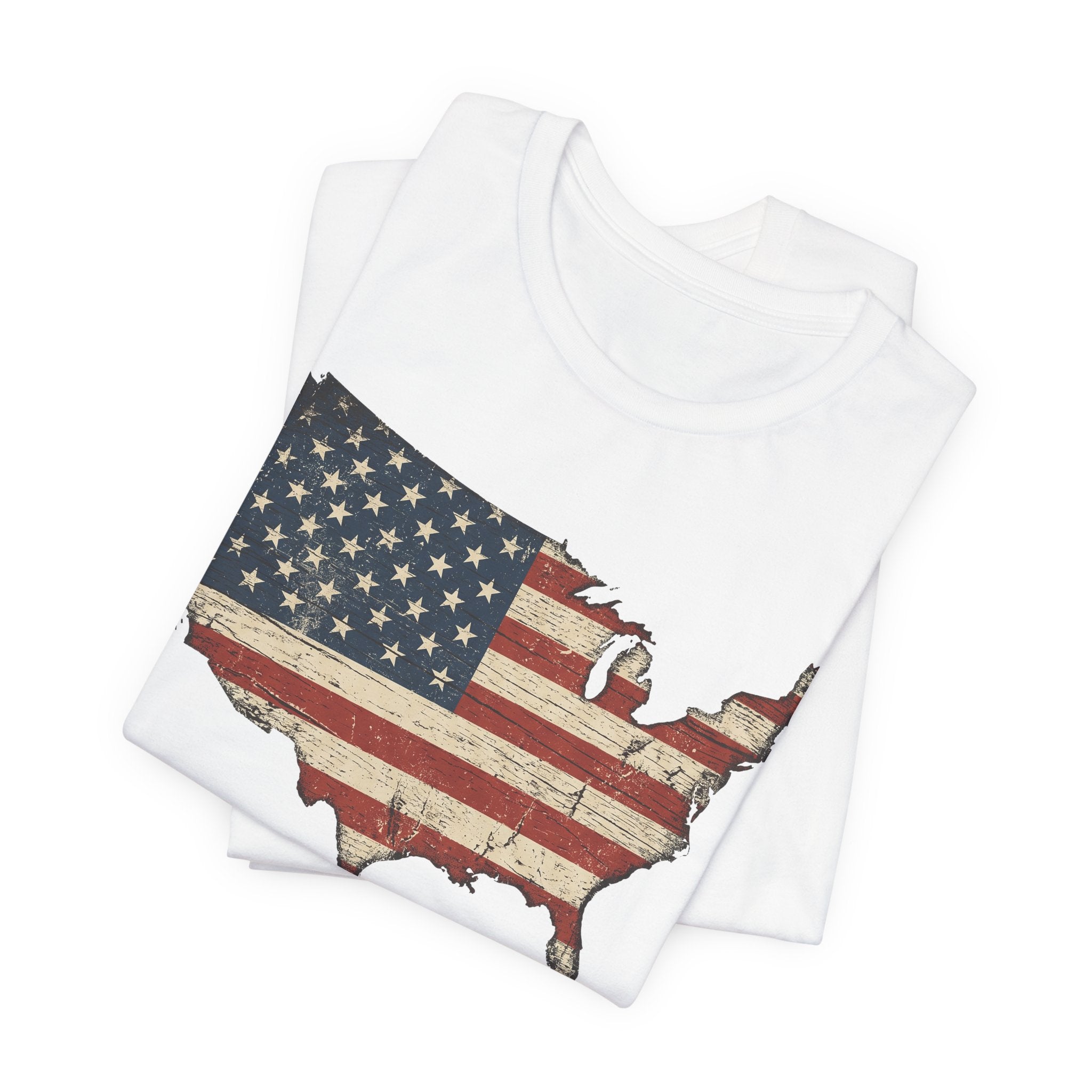 White T-shirt with distressed American flag map graphic across the chest