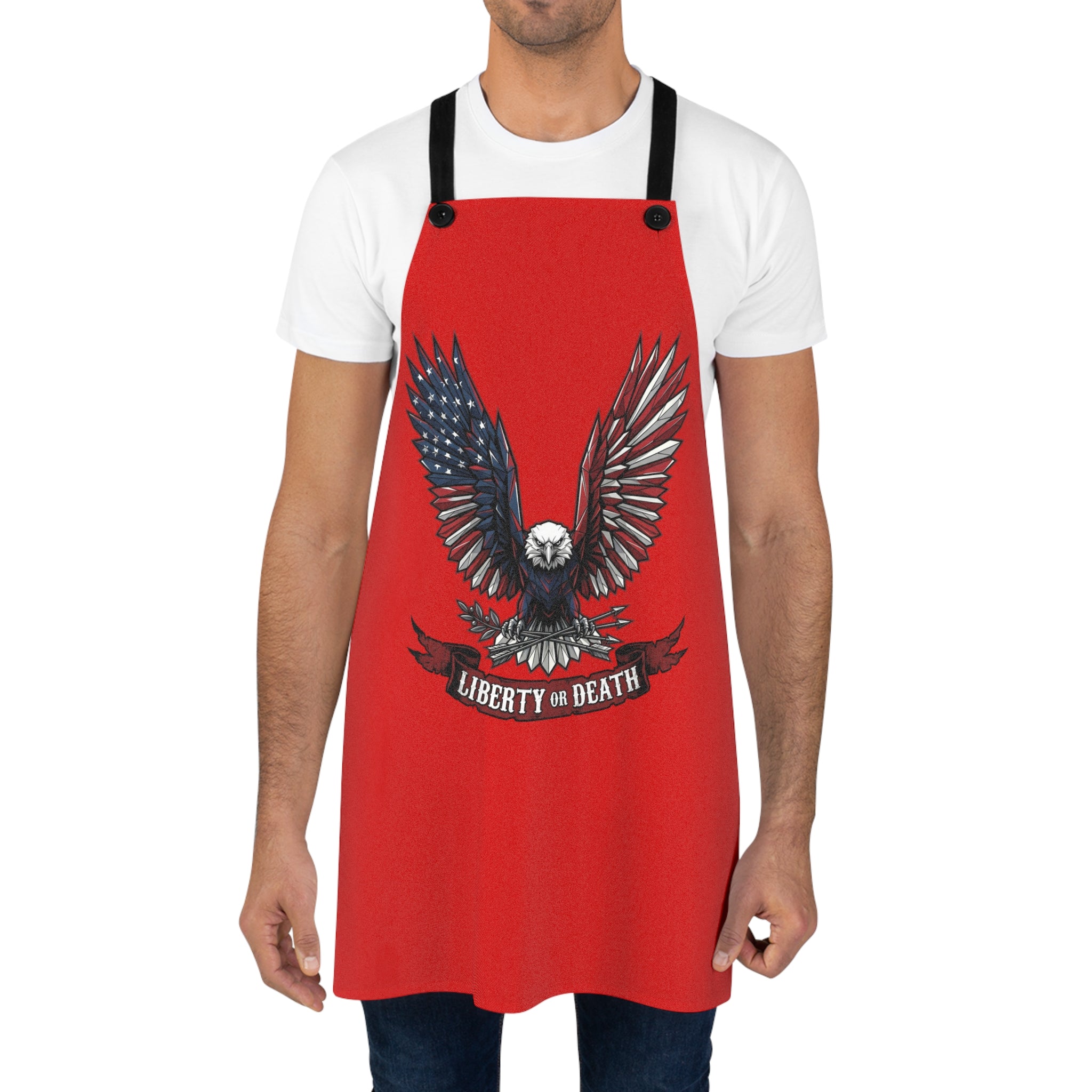 Red Liberty or Death eagle apron on model with black straps and front graphic