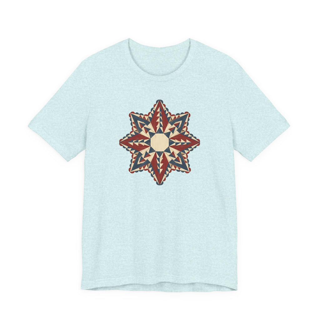 Light blue graphic tee with colorful star mandala geometric compass print