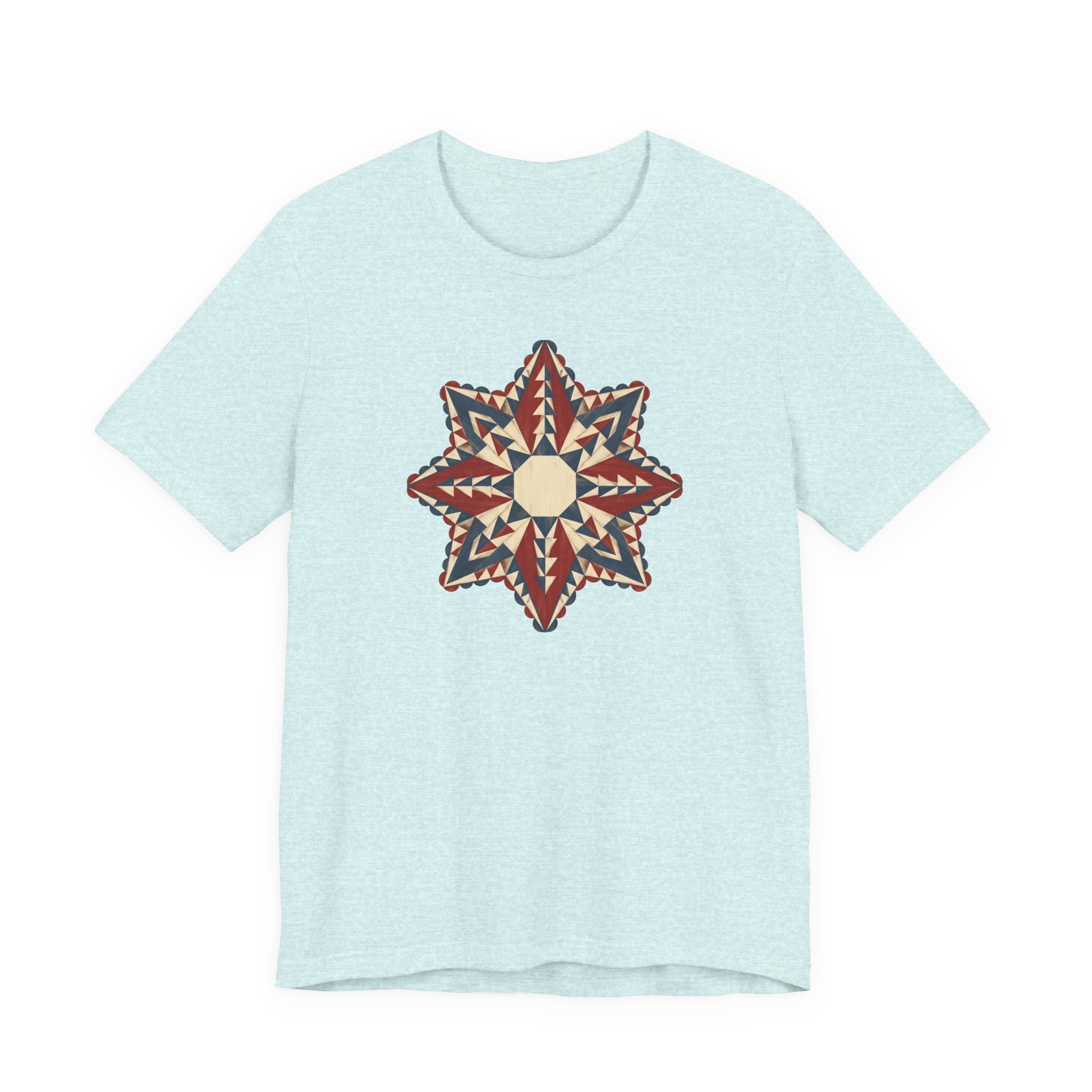 Light blue graphic tee with colorful star mandala geometric compass print