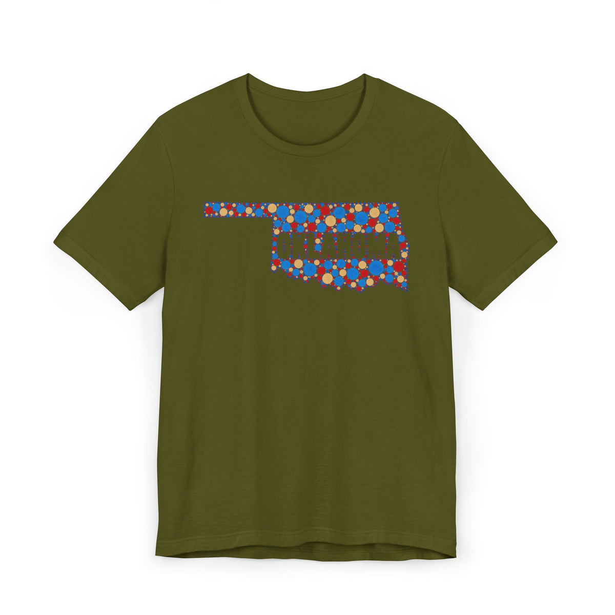 Olive green T-shirt with colorful Oklahoma floral map graphic across chest