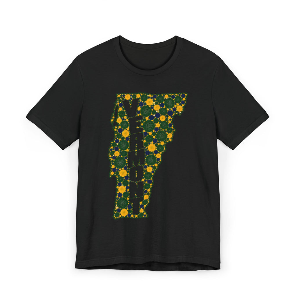 Black T-shirt with multicolor floral Vermont outline and VERMONT text graphic.