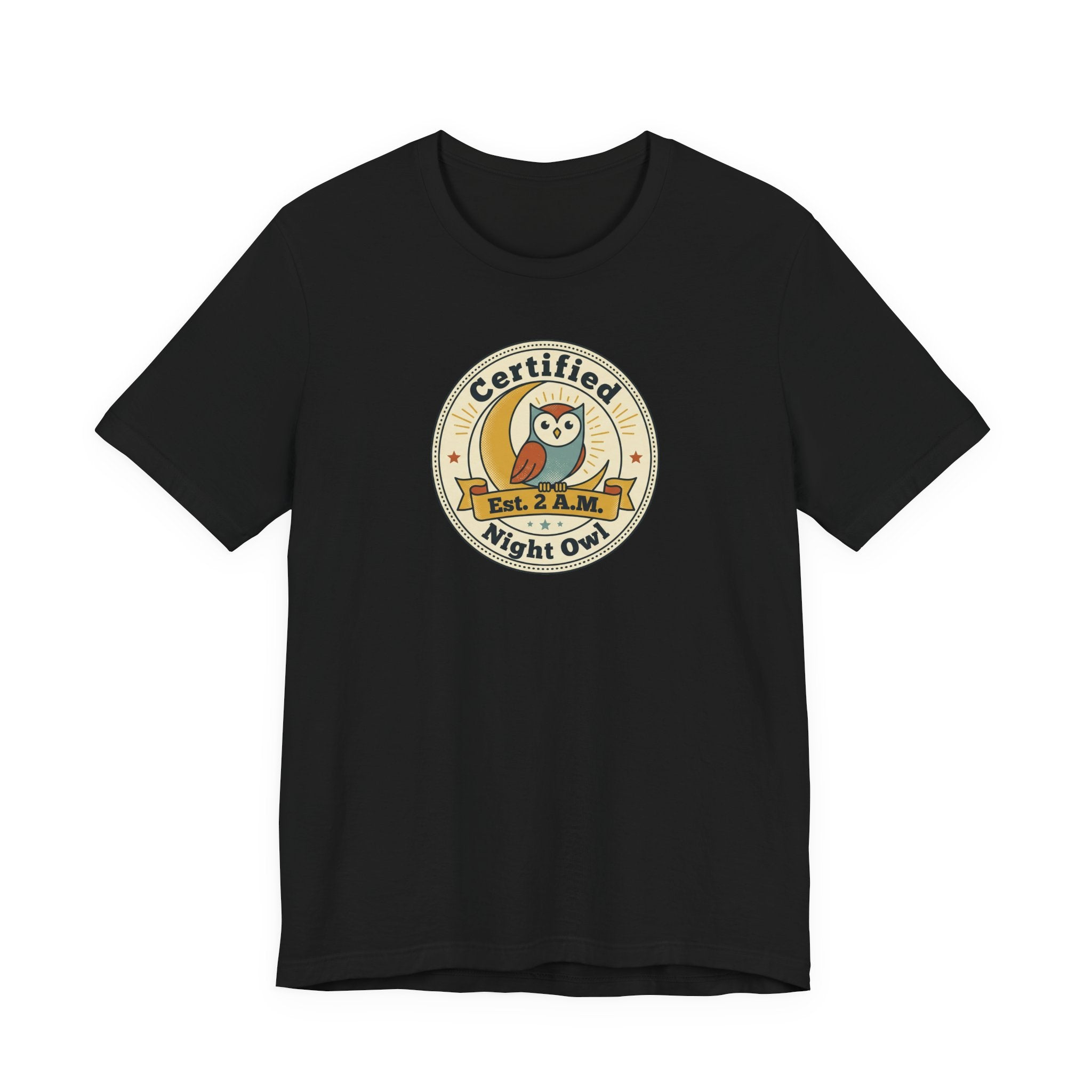 Black T-shirt with certified night owl badge graphic on chest