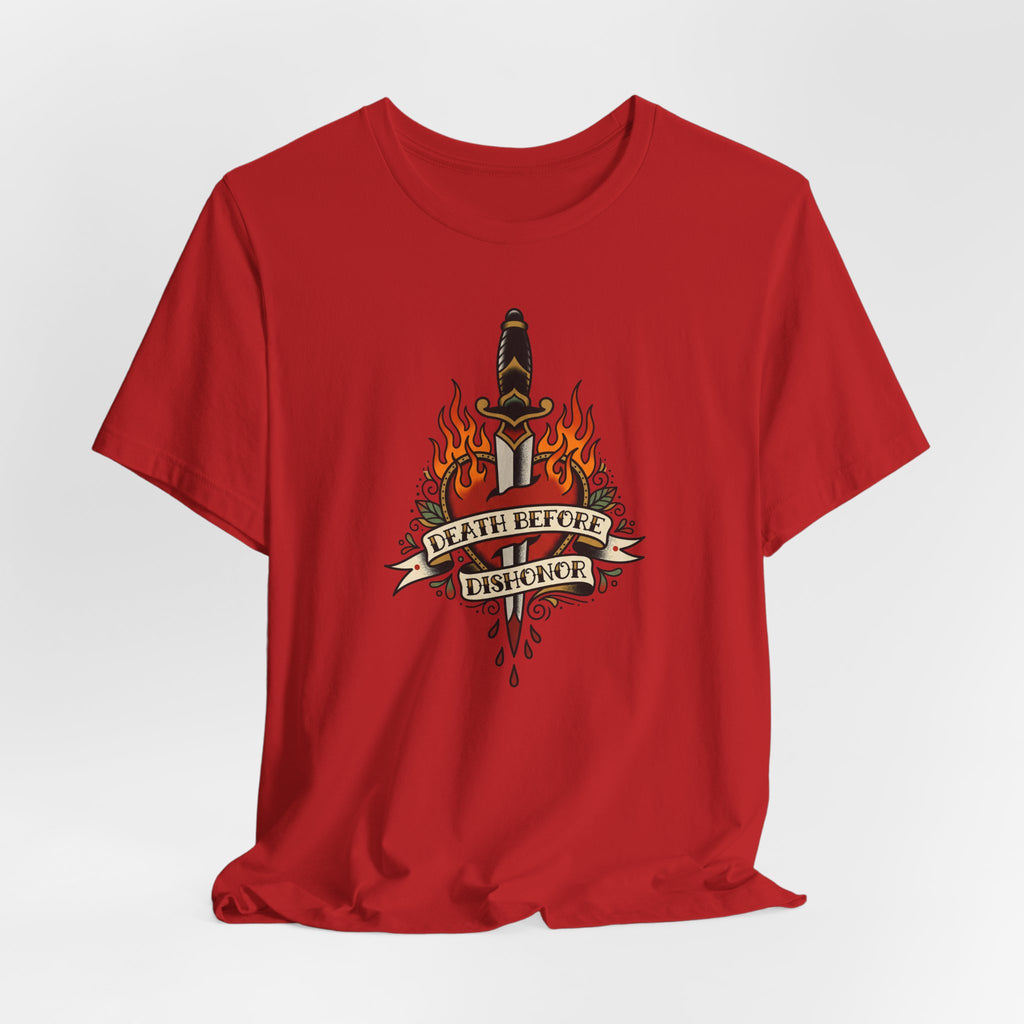 Red T-shirt front with dagger, flames, and banner graphic