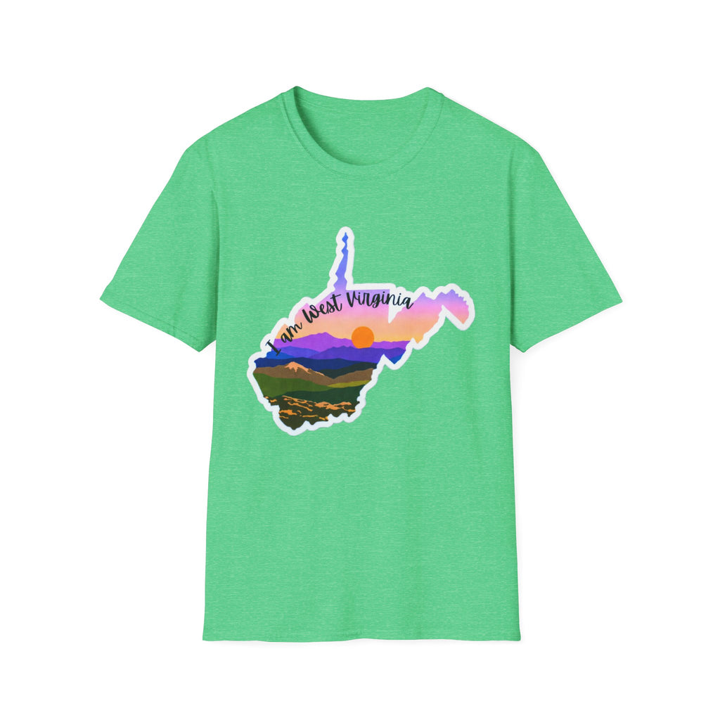 West Virginia sunset T-shirt, bright green with West Virginia state mountain sunset design