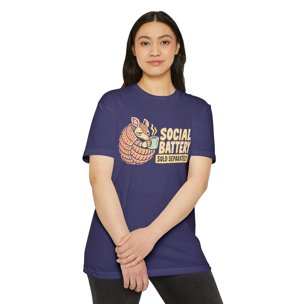 Purple graphic T-shirt with armadillo “SOCIAL BATTERY” text on the front