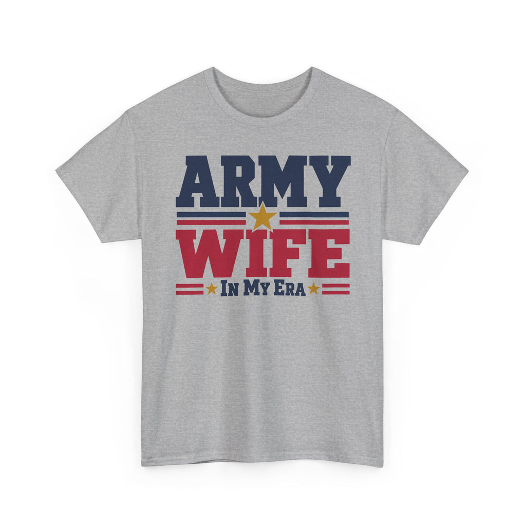 Light gray crewneck graphic t-shirt with retro "Army Wife" patriotic text and star