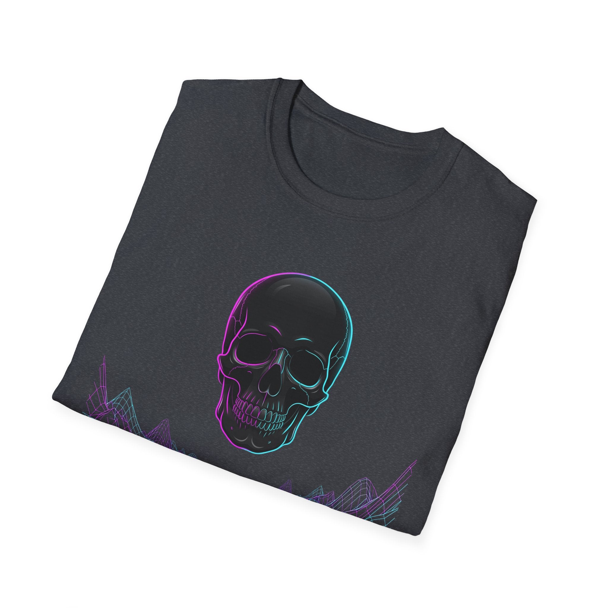 Dark heather grey T-shirt with neon skull print and cyberpunk lines