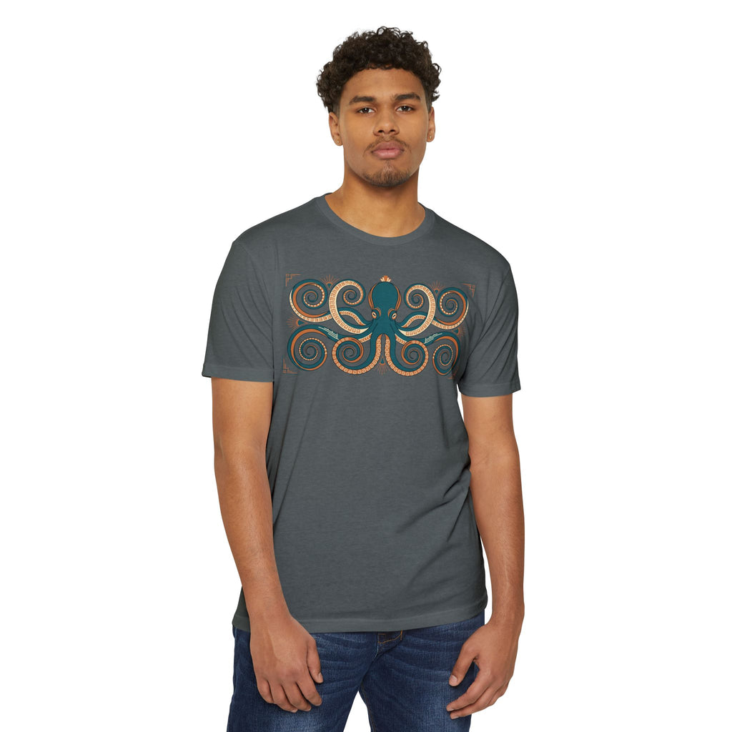 Octopus graphic T-shirt, dark gray, short-sleeve crew neck, octopus swirl front