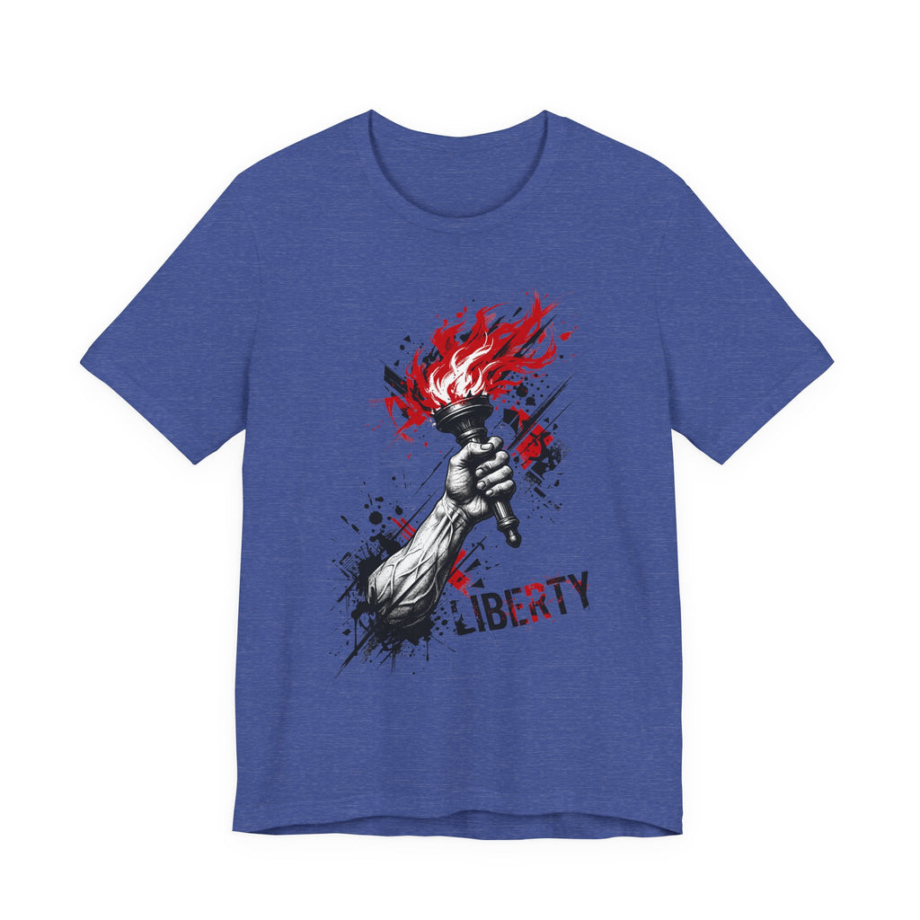 Royal blue crewneck T-shirt with flaming torch statue graphic and distressed “LIBERTY” text