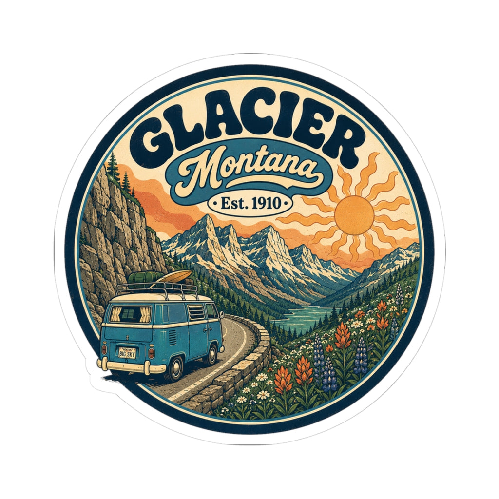 Round kiss-cut sticker with Glacier Montana text, orange sun, mountains, and teal camper van