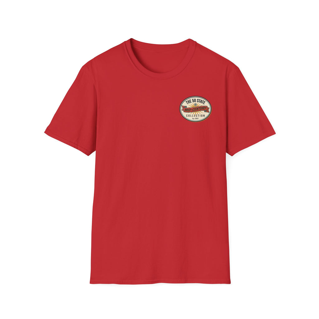 Red t-shirt with circular chest souvenir patch graphic and crew neck