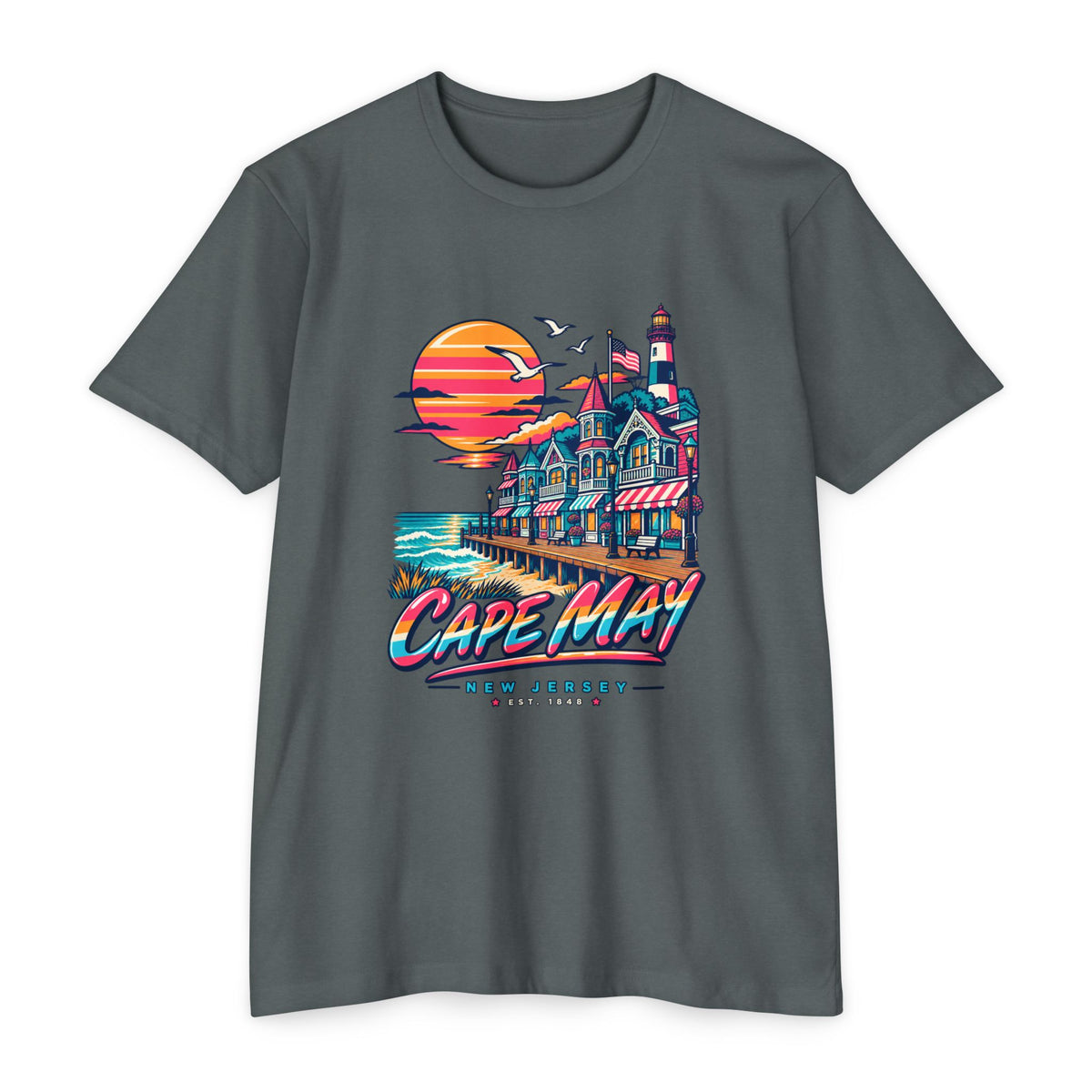 Dark gray T-shirt with Cape May lighthouse front graphic