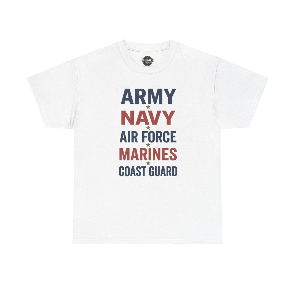 White T-shirt with multicolor "ARMY NAVY AIR FORCE MARINES COAST GUARD" text