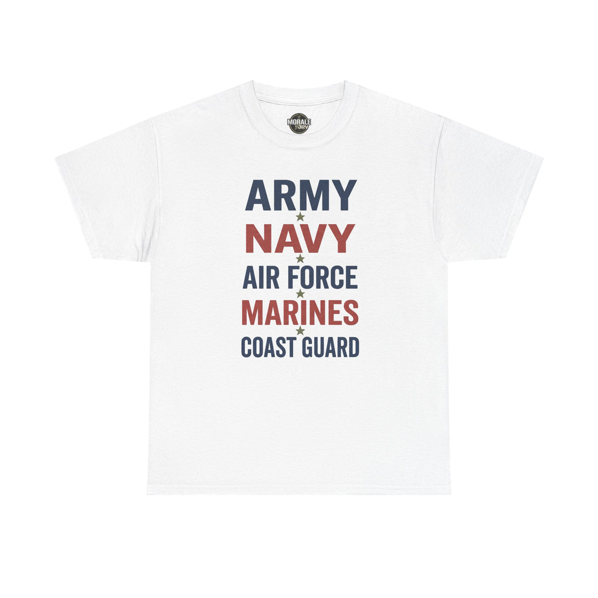 White T-shirt with multicolor "ARMY NAVY AIR FORCE MARINES COAST GUARD" text