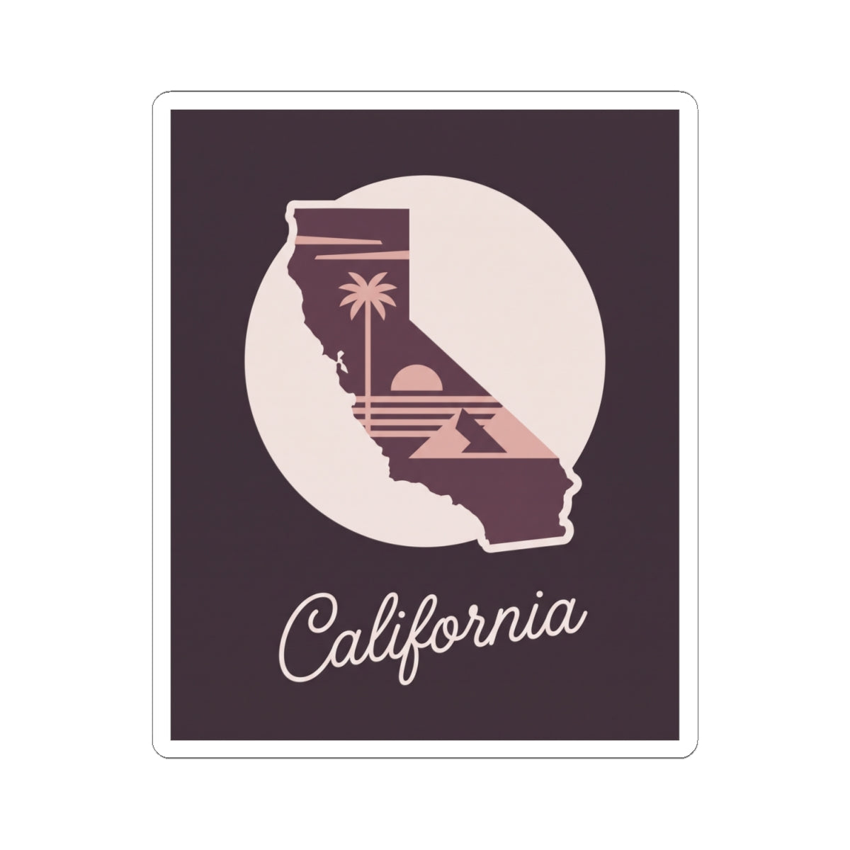 California state silhouette decal with mauve mountains and palm, “California” text below