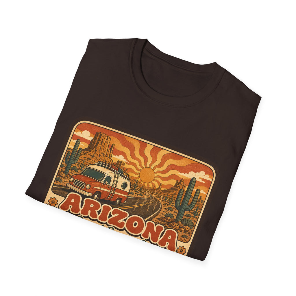 Dark brown unisex graphic T-shirt with Arizona desert van and cactus print