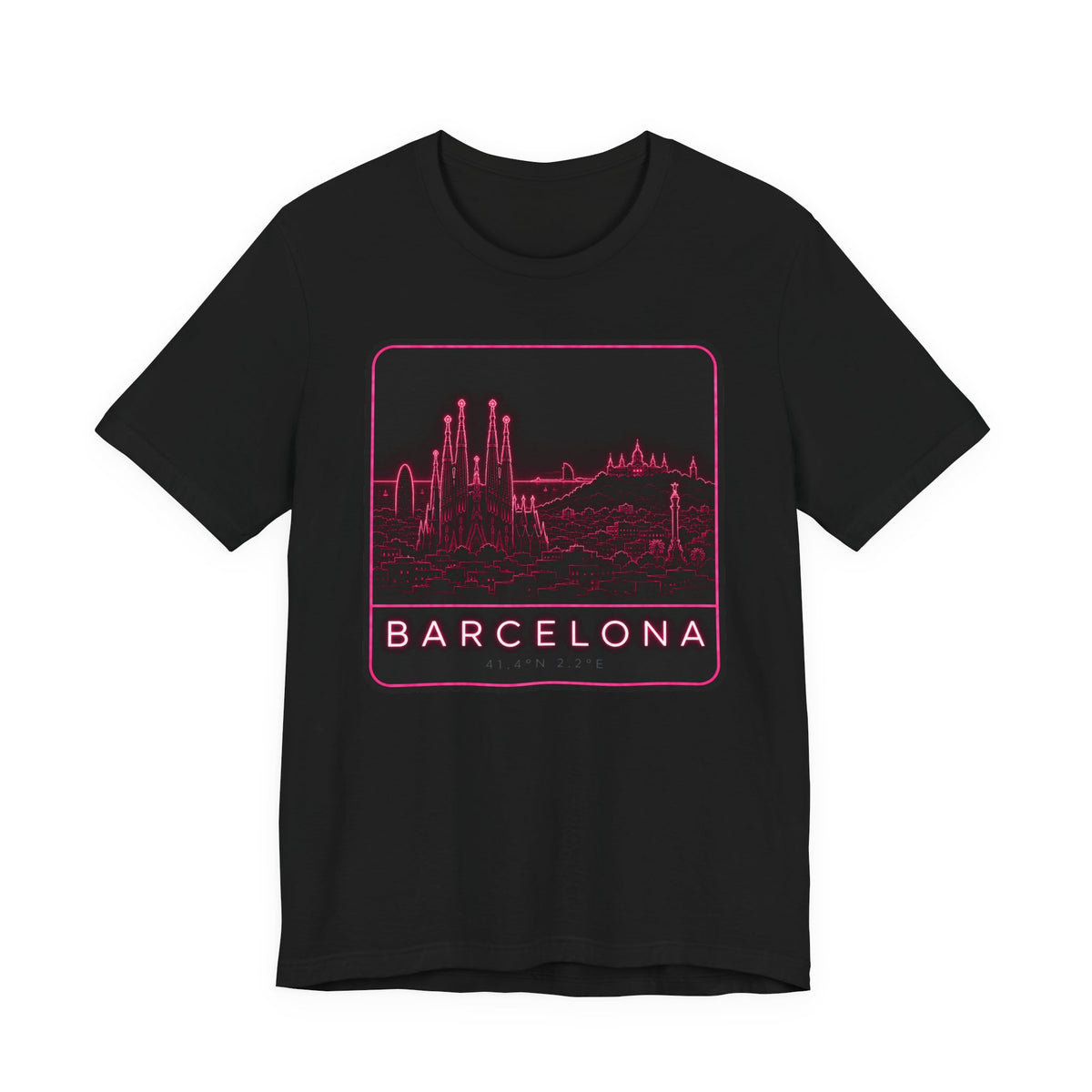 Black T-shirt with neon pink Barcelona skyline graphic front