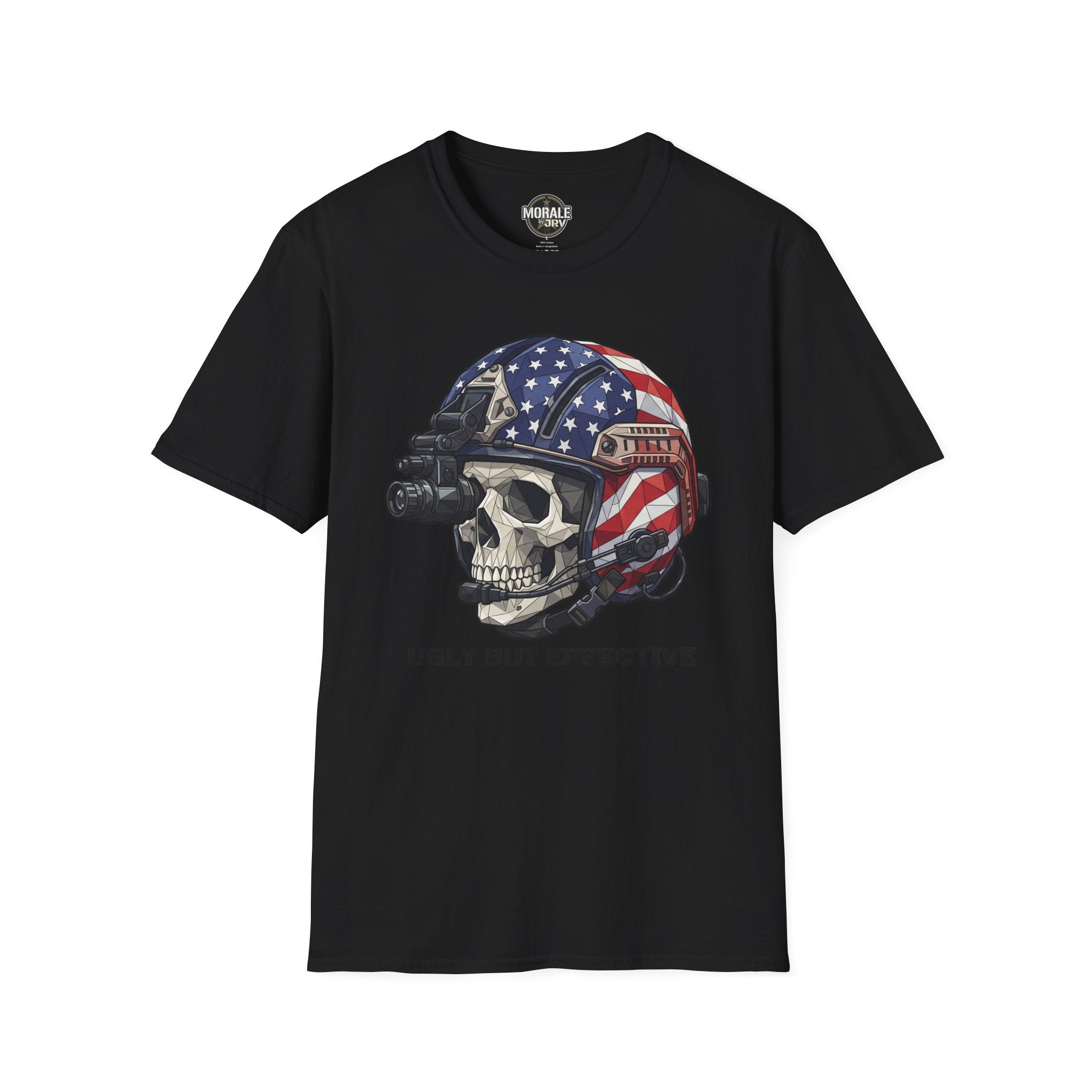 American Flag skull tactical helmet graphic T-shirt, black crew neck