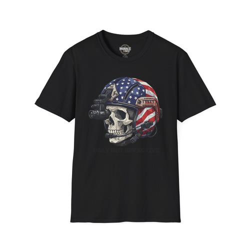 American Flag skull tactical helmet graphic T-shirt, black crew neck