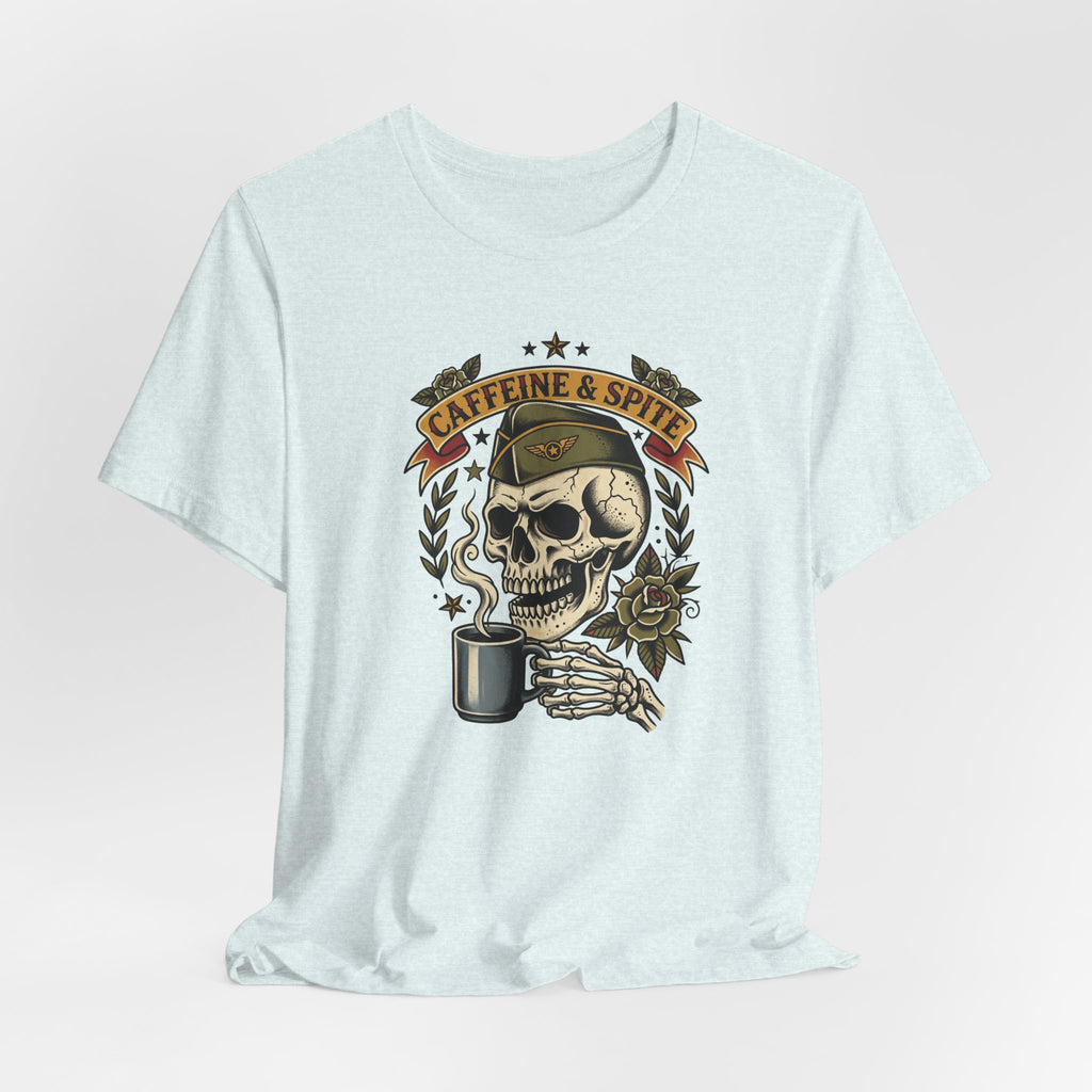 Light blue skull graphic t-shirt with coffee mug and roses front print