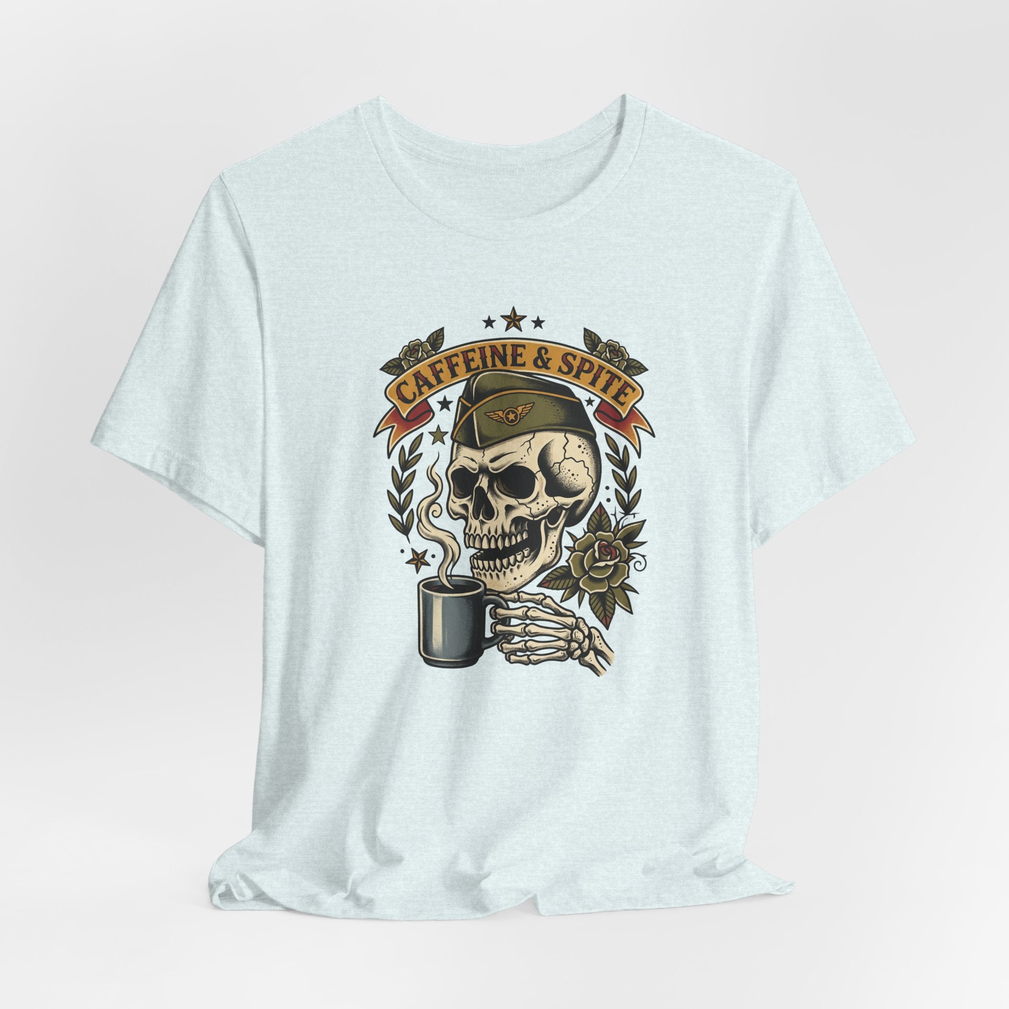 Light blue skull graphic t-shirt with coffee mug and roses front print