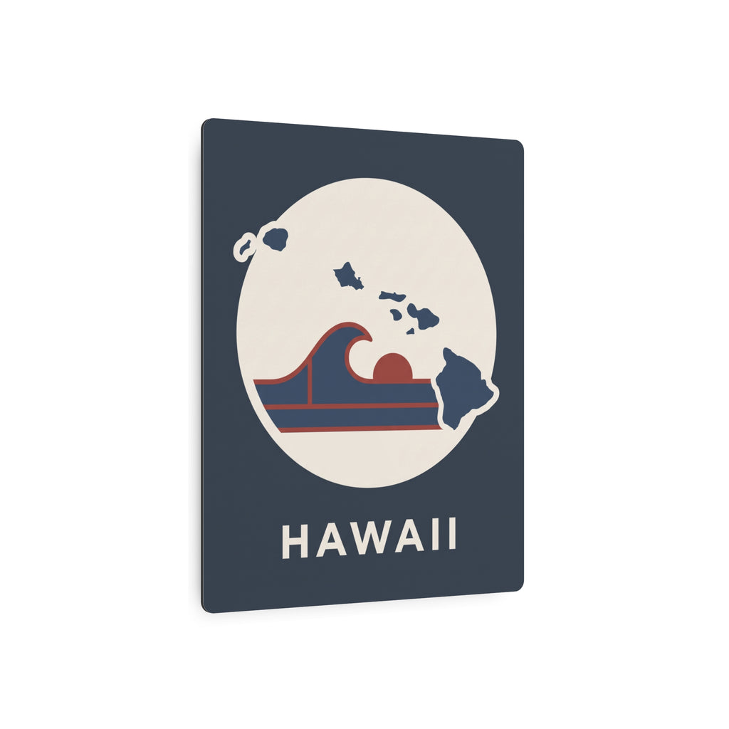 Dark blue Hawaii metal wall sign with circular island map, waves, and “HAWAII”