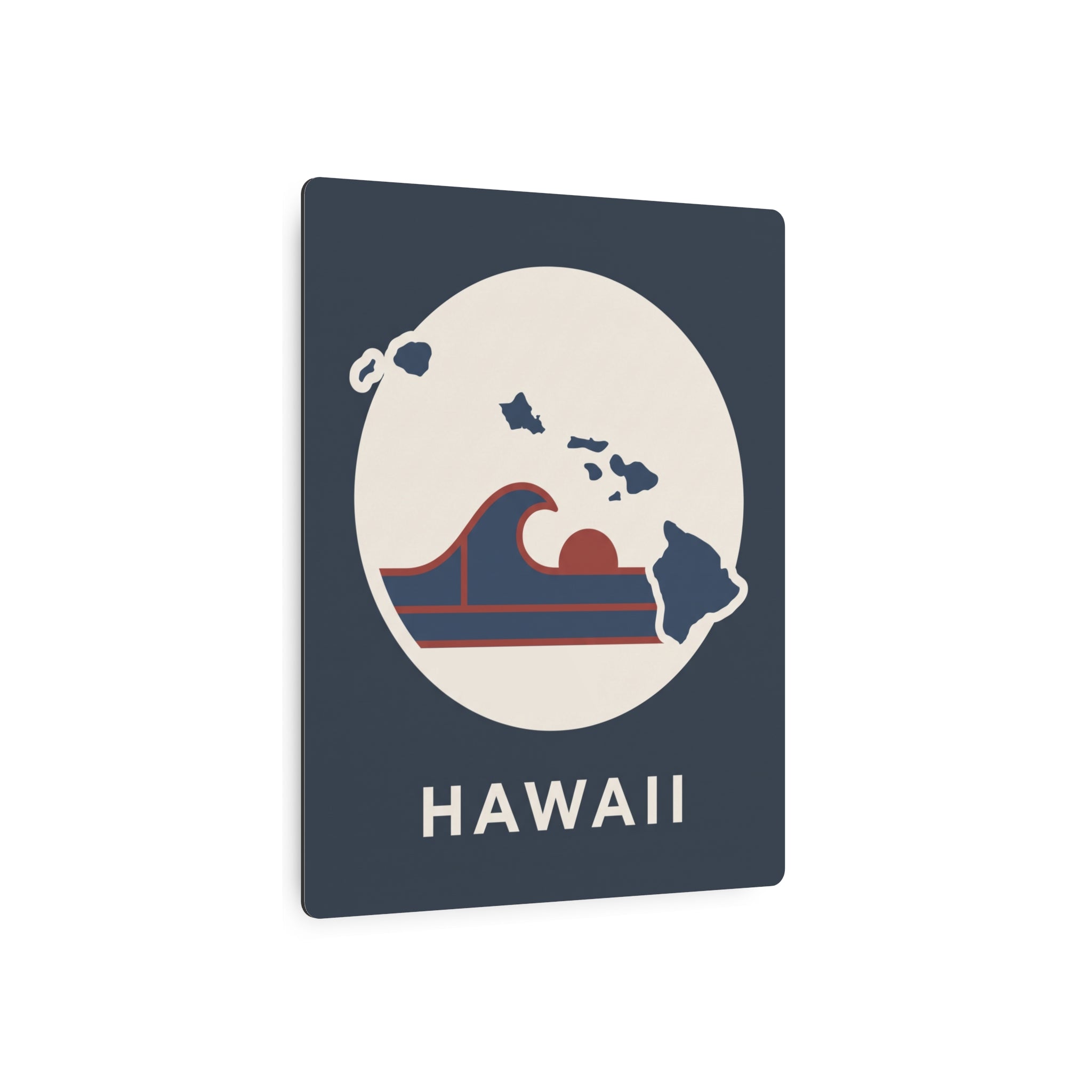 Dark blue Hawaii metal wall sign with circular island map, waves, and “HAWAII”