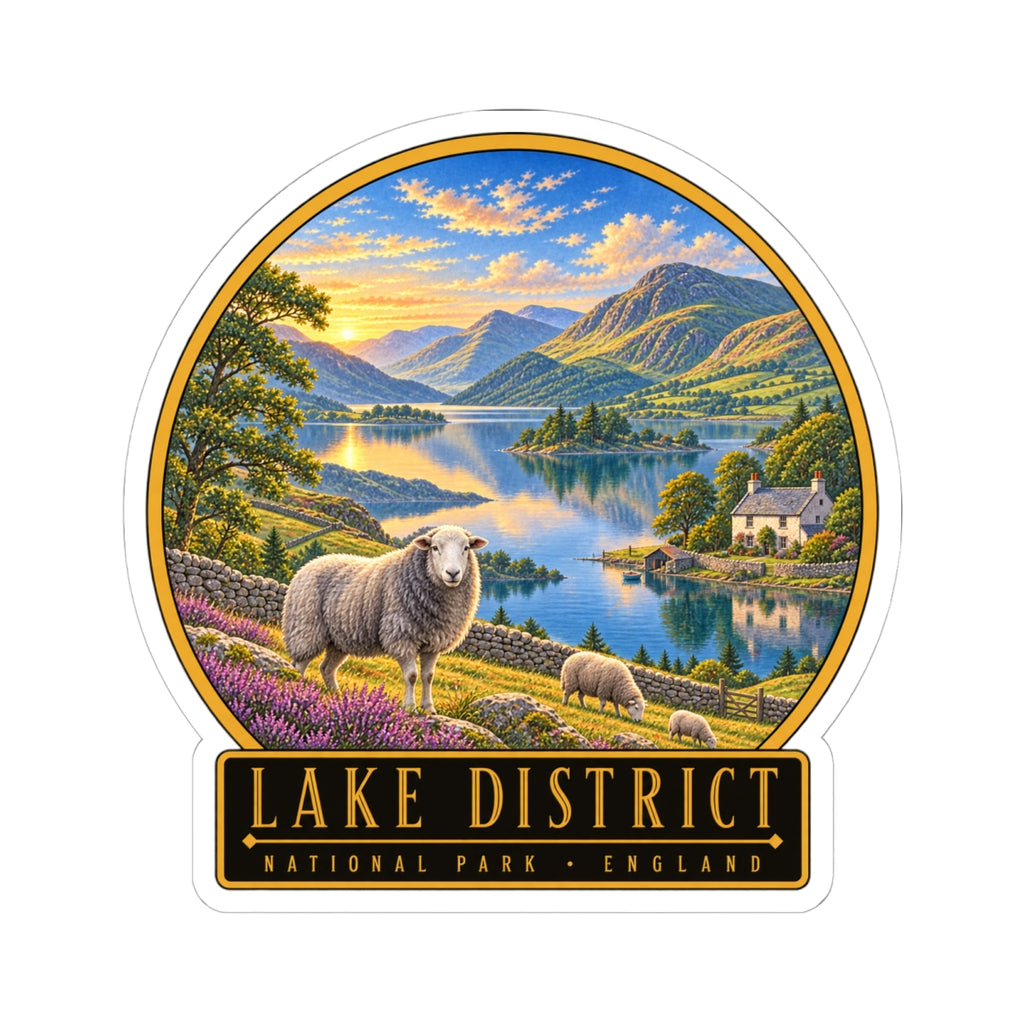 Lake District vinyl sticker showing sheep on a hillside, lake view, and “Lake District National Park England”