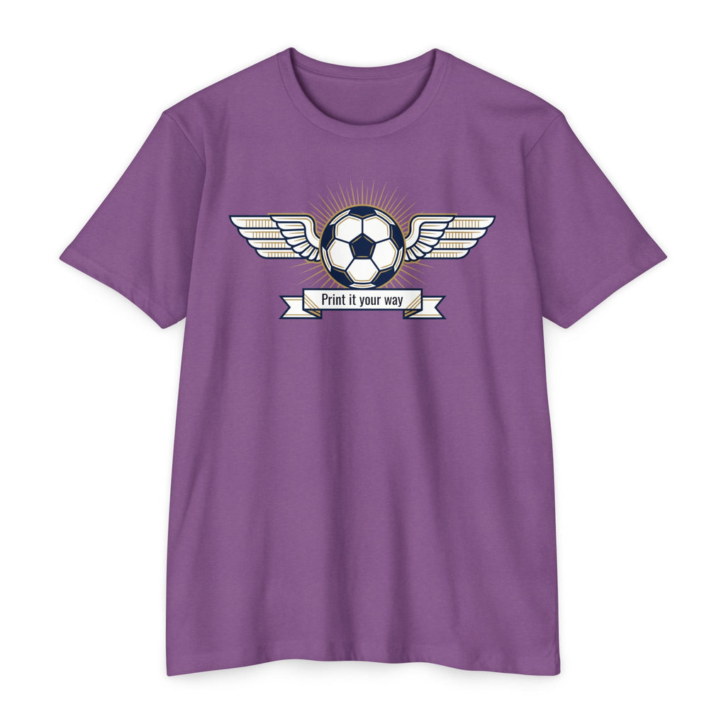 Purple soccer T-shirt with winged ball emblem and banner graphic