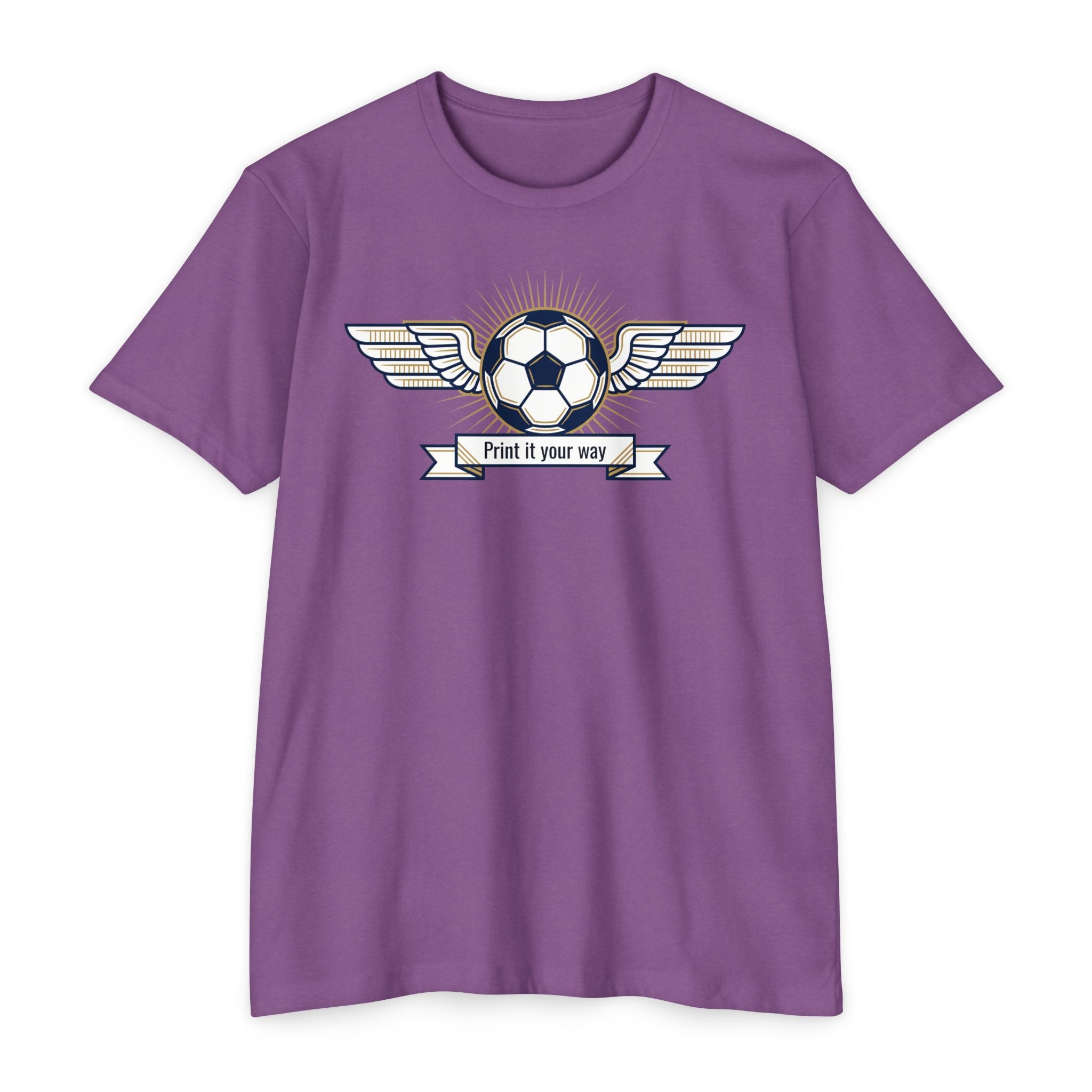 Purple soccer T-shirt with winged ball emblem and banner graphic