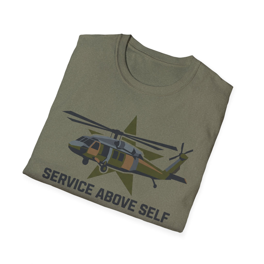Olive green crewneck t-shirt with helicopter graphic and 'SERVICE ABOVE SELF' text