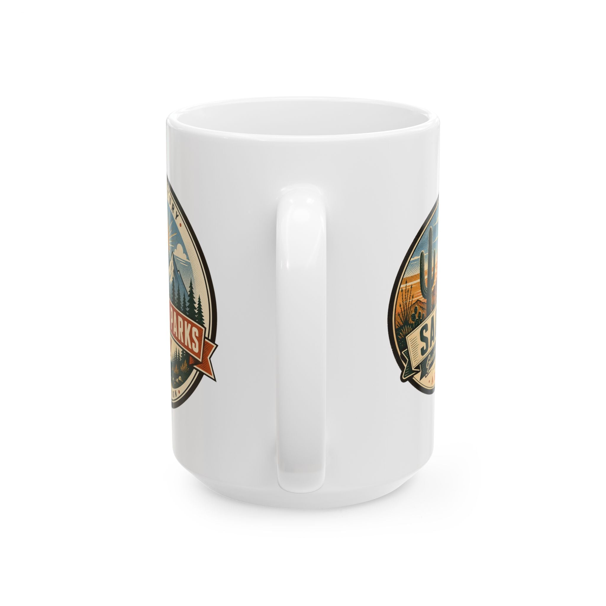 White ceramic coffee mug with two side badge prints and central handle