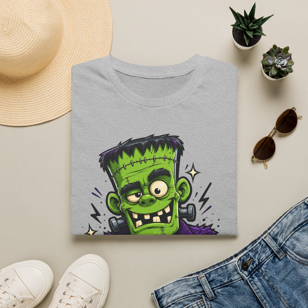 Light gray crew-neck T-shirt with green Frankenstein-style monster face graphic
