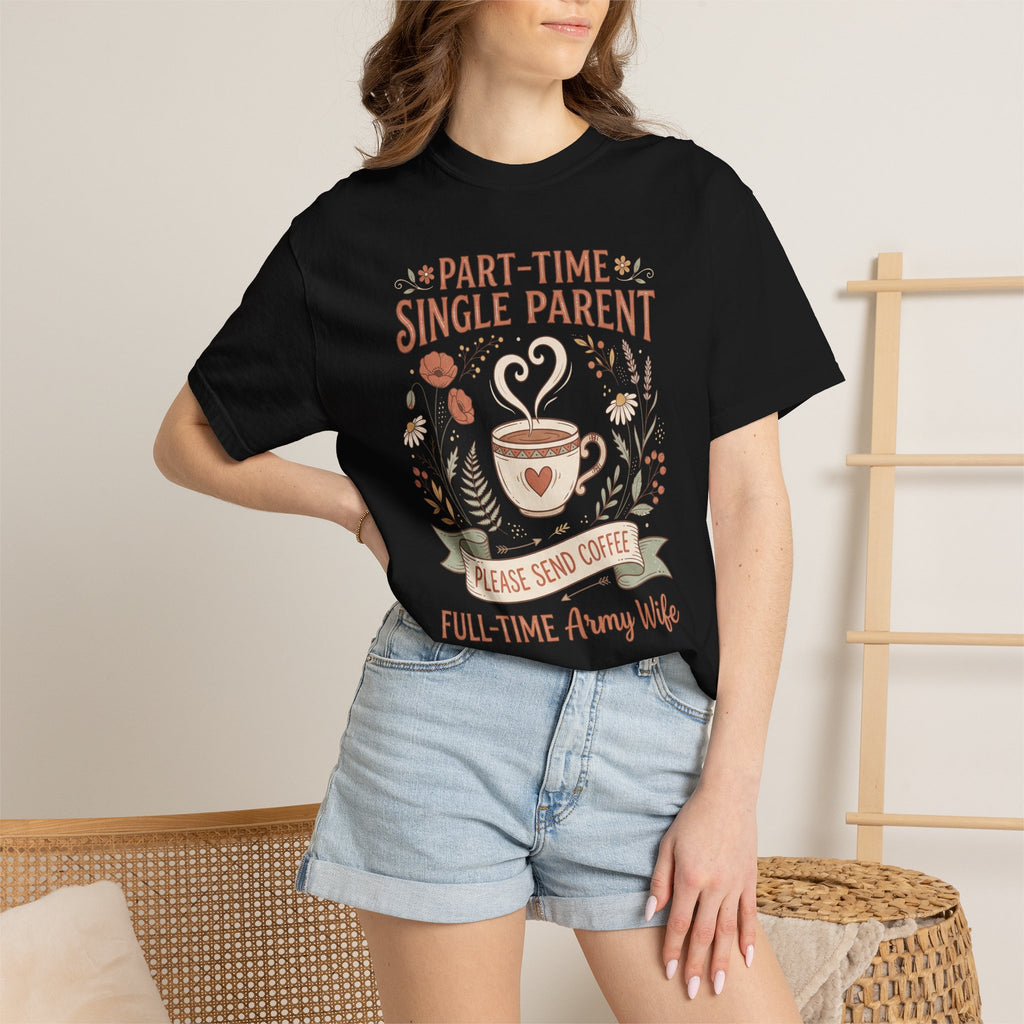 Black t-shirt worn by model; front reads "Please Send Coffee" with coffee cup icon.