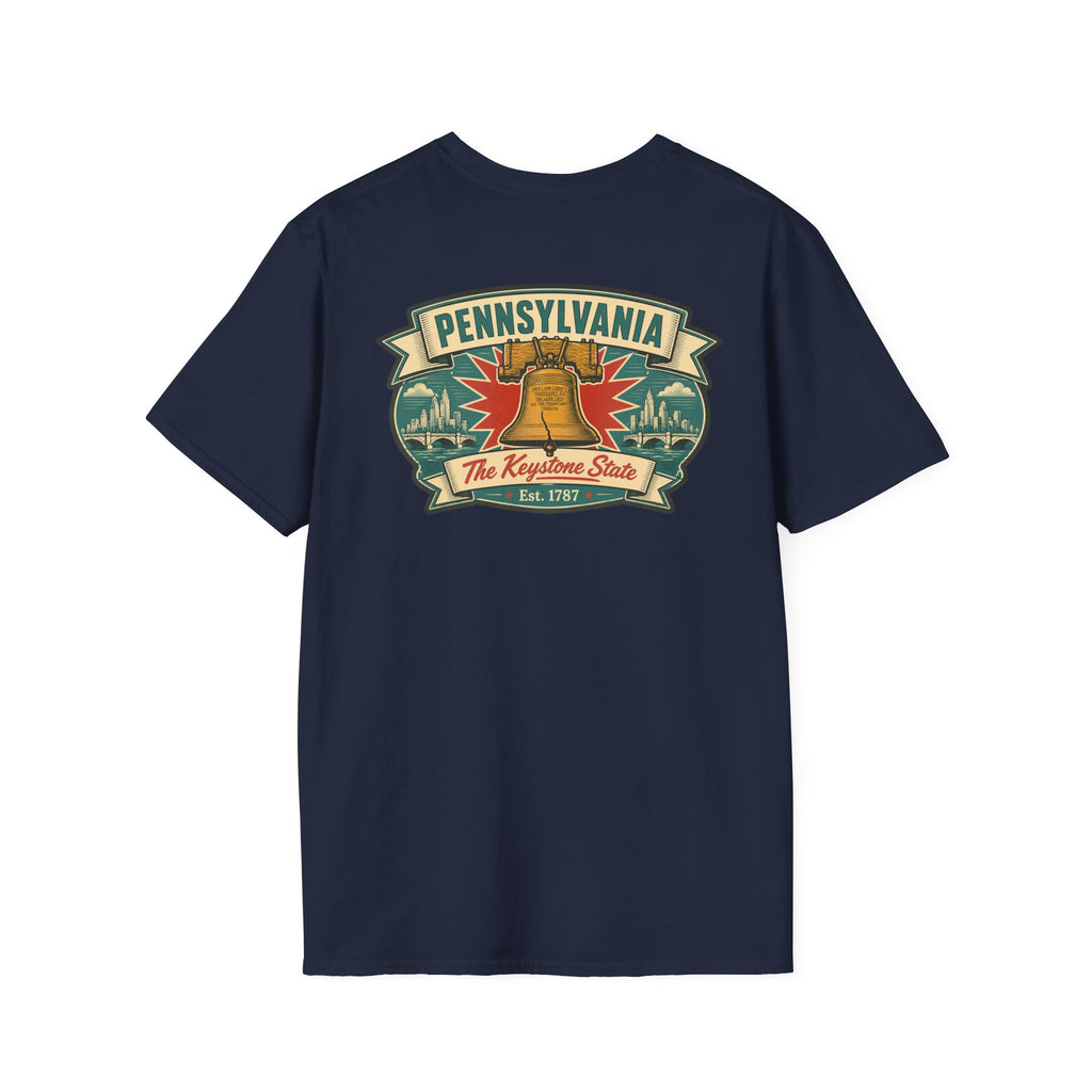 Pennsylvania Liberty Bell T-shirt in navy with front Pennsylvania crest graphic