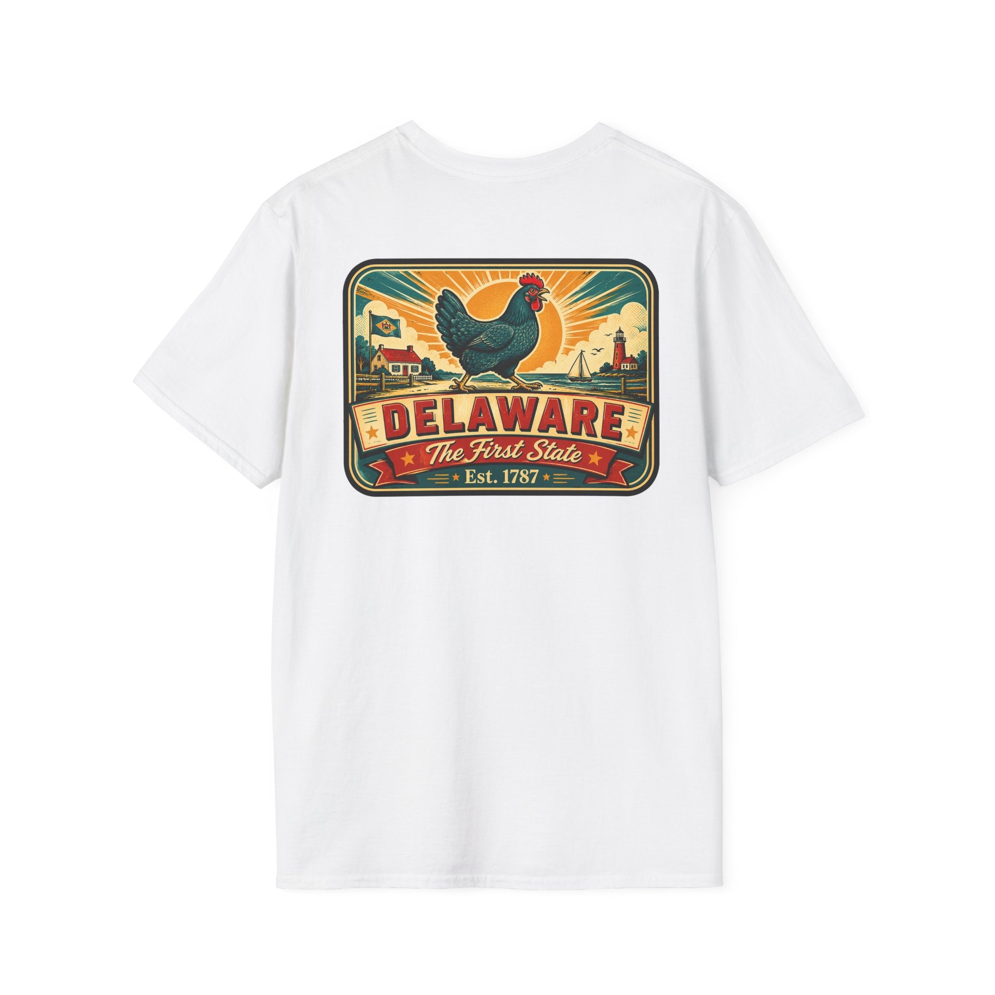 White Delaware travel badge T-shirt with colorful hen and “Delaware” front graphic